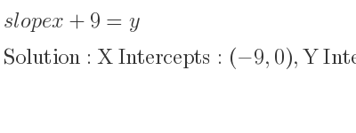 The slope of x+9=y is X Intercepts: (-9,0),Y Intercepts: (0,9)